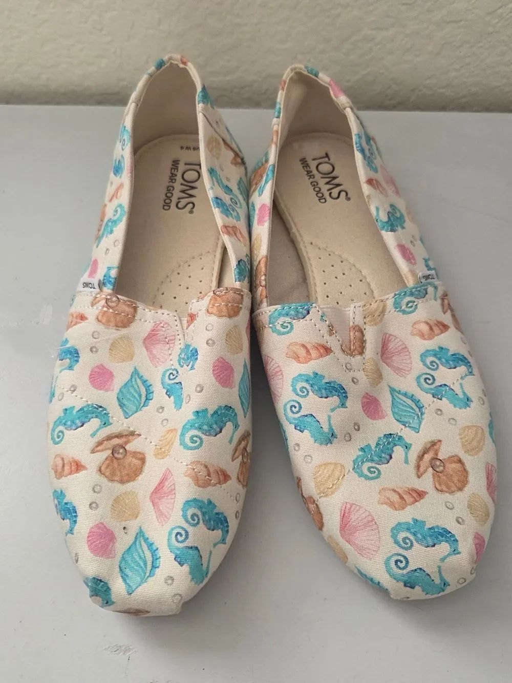 TOMS Canvas Slip-On Shoes with Seashell & Seahorse Print